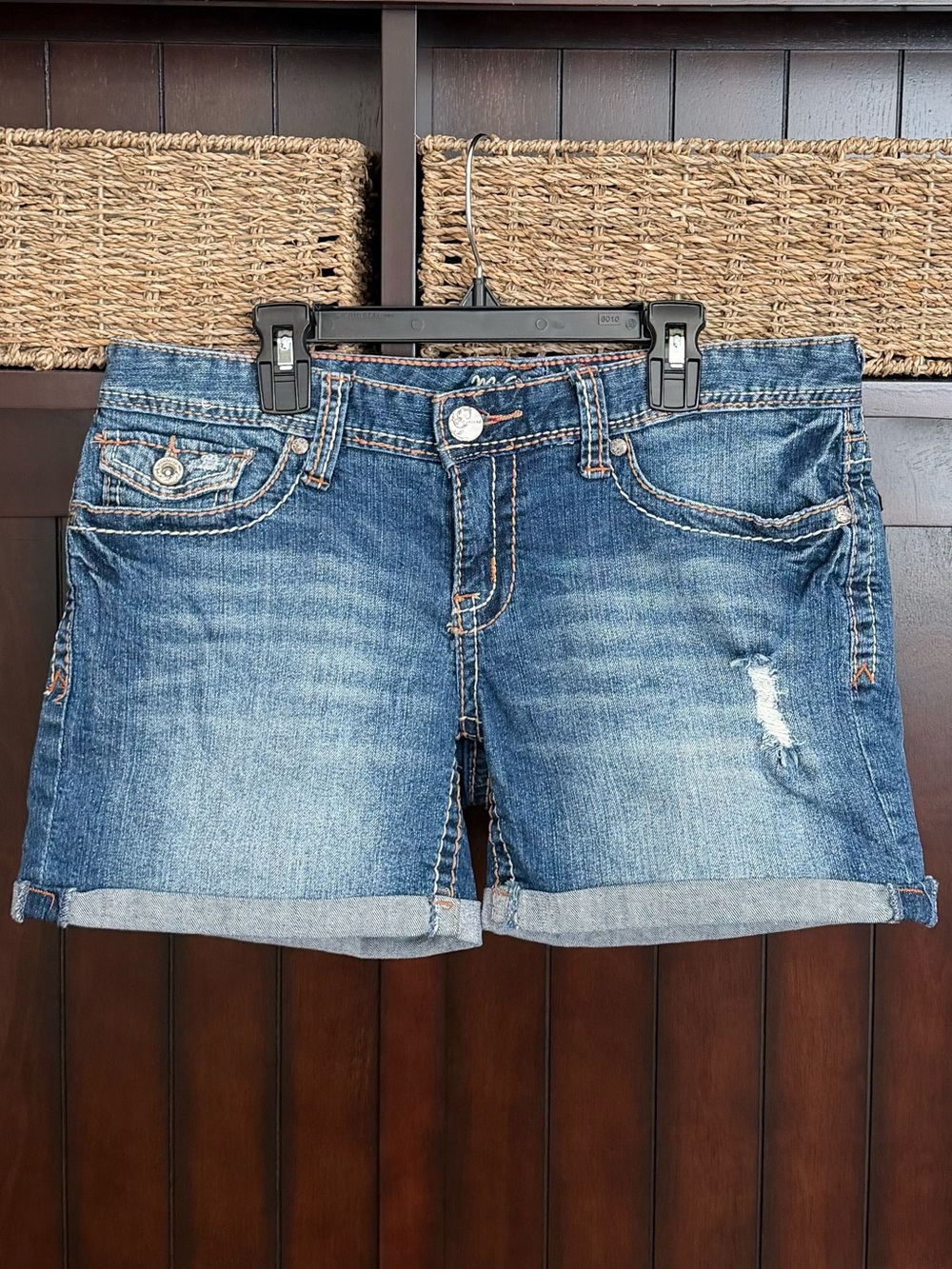 Maurices Blue Rolled Cuff Distressed Denim Shorts With Back Flap Pockets